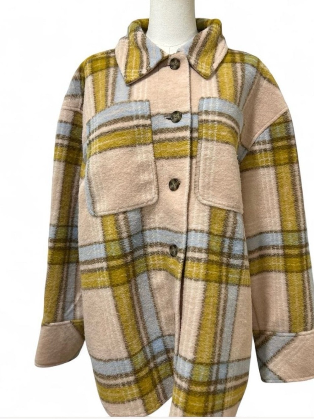 NWT Plaid Oversized Shacket Fall Wool Blend Pink & Blue Woman's XL Streetwear - Picture 2 of 8